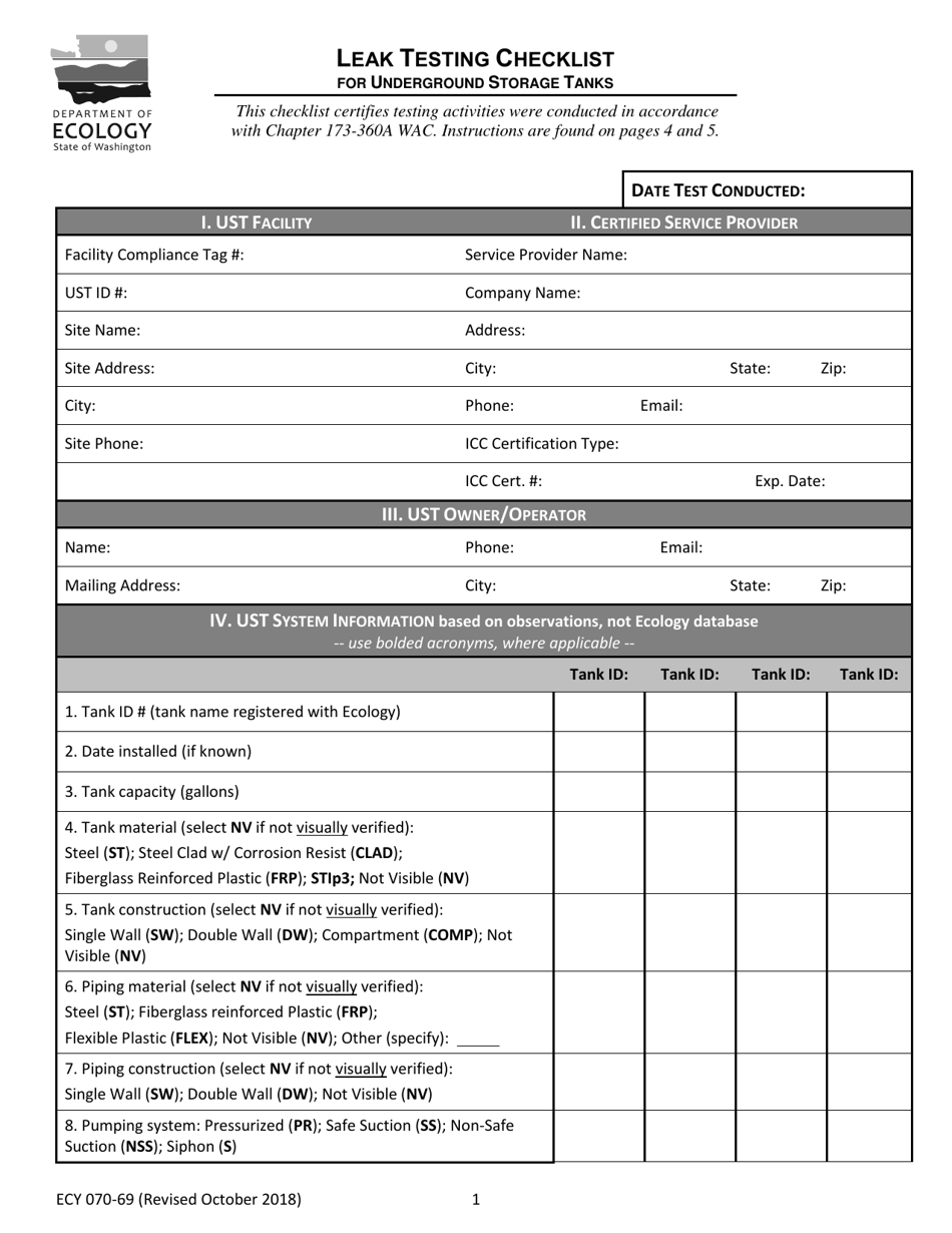 Form ECY070-69 Leak Testing Checklist - Washington, Page 1