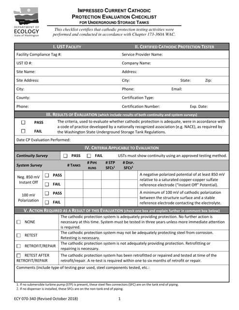 Form ECY070-340 Underground Storage Tank Impressed Cathodic Protection Evaluation Checklist - Washington