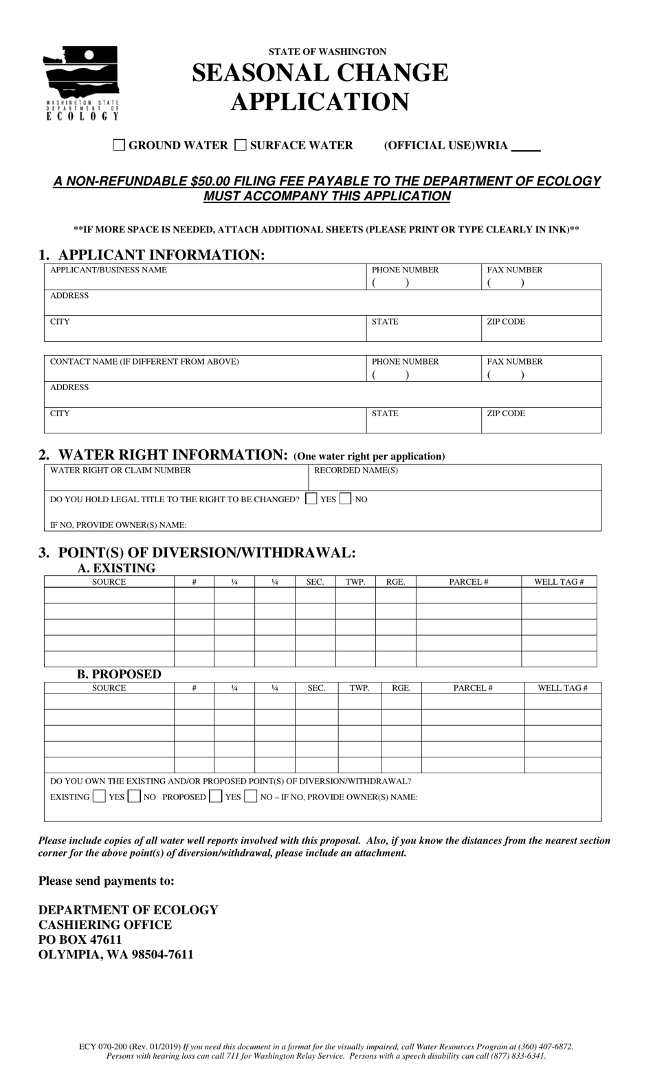 Form ECY070-200 Seasonal Change Application - Washington, Page 1