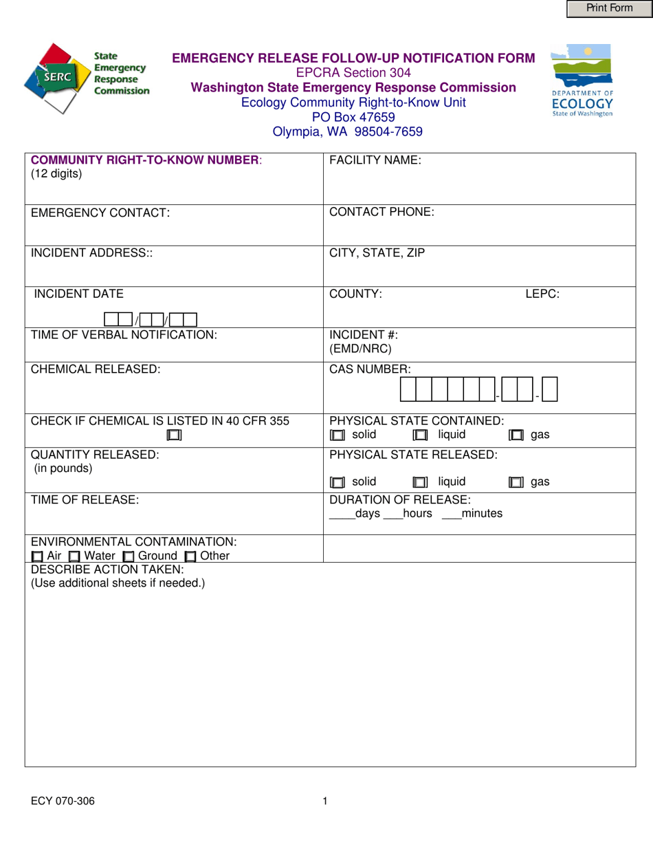 Form ECY070-306 Washington State Emergency Response Commission Emergency Release Follow-Up Notification Form (Epcra) - Washington, Page 1