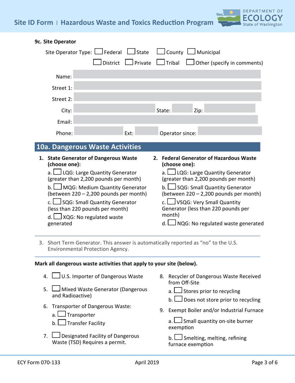 Form ECY070-133 Notification of Dangerous Waste Site Identification (Id) Form - Washington, Page 3