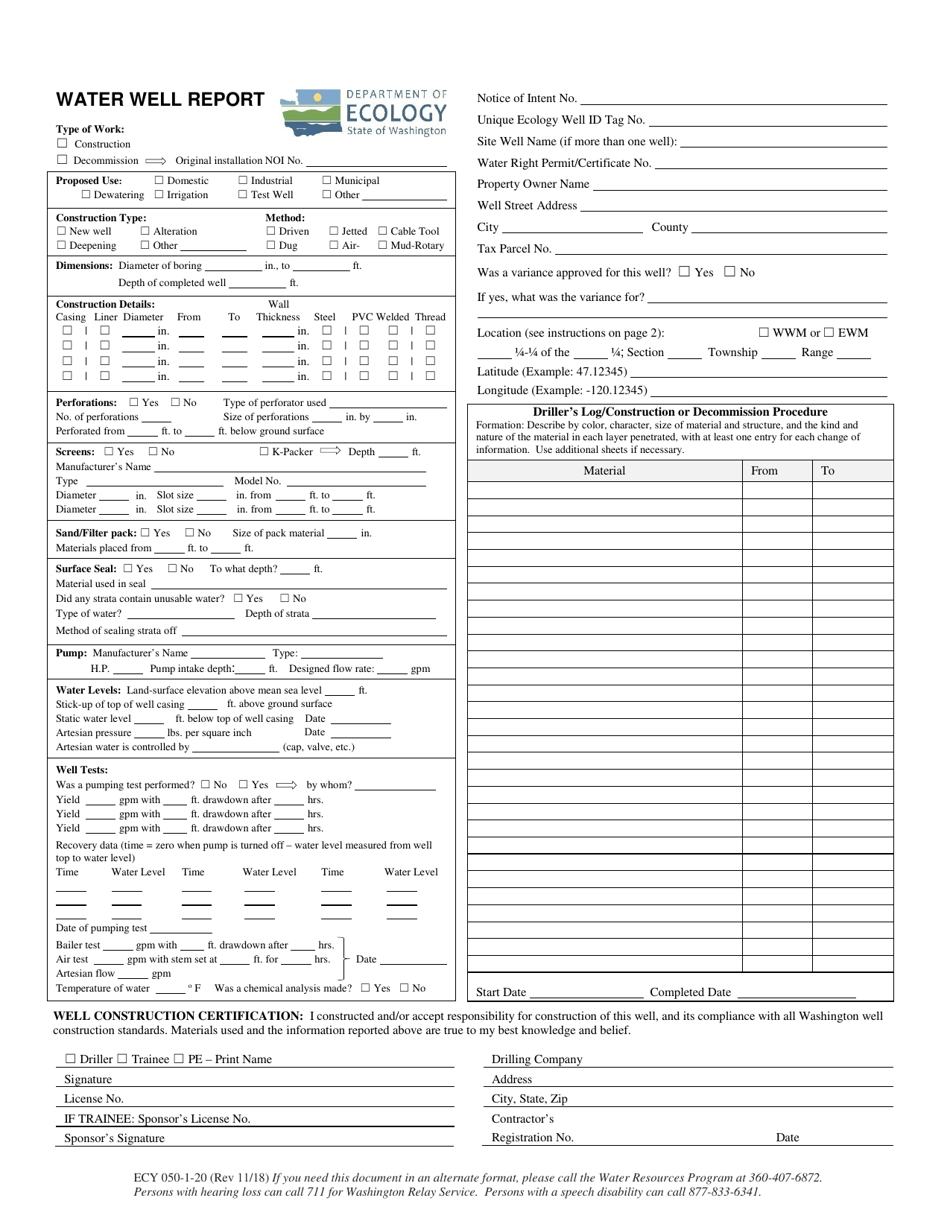 Form ECY050-1-20 Water Well Report - Washington, Page 1