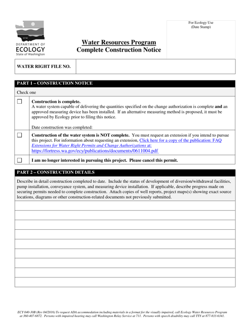 Form ECY040-30B Complete Construction Notice - Washington