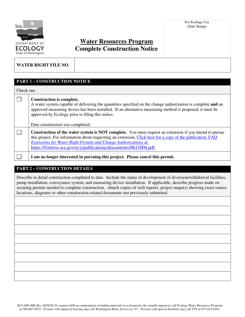 Form ECY040-30B Complete Construction Notice - Washington, Page 1