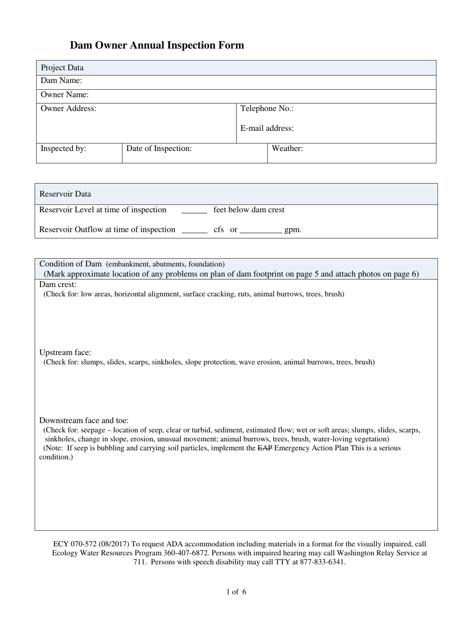 Form ECY070-572 Dam Owner Annual Inspection Form - Washington, Page 1