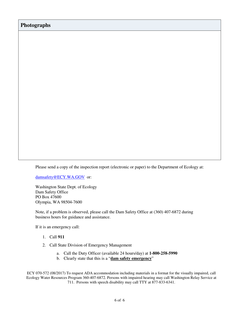 Form ECY070-572 Dam Owner Annual Inspection Form - Washington, Page 6