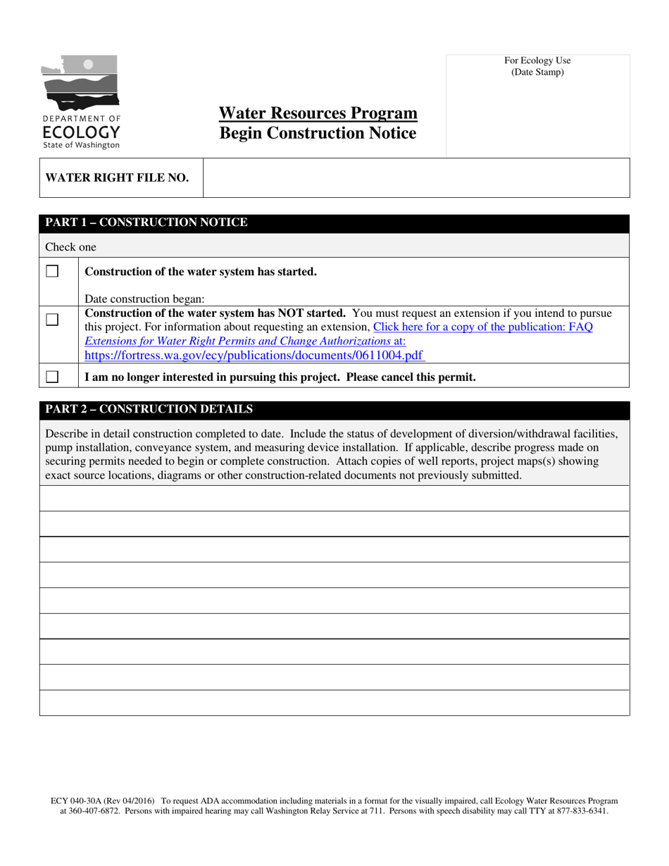 Form ECY040-30A Begin Construction Notice - Washington, Page 1