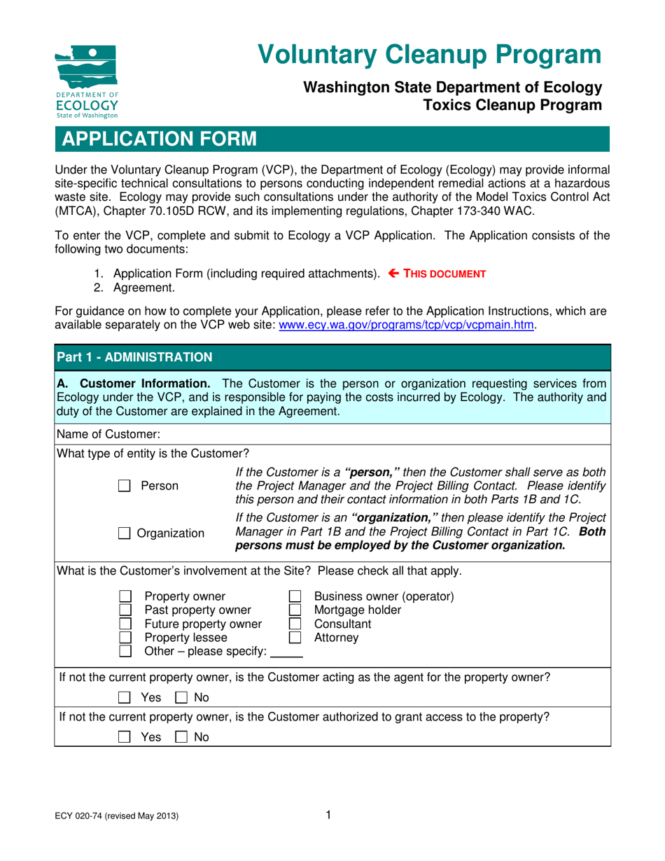 Form ECY020-74 Voluntary Cleanup Program Application Form - Washington, Page 1