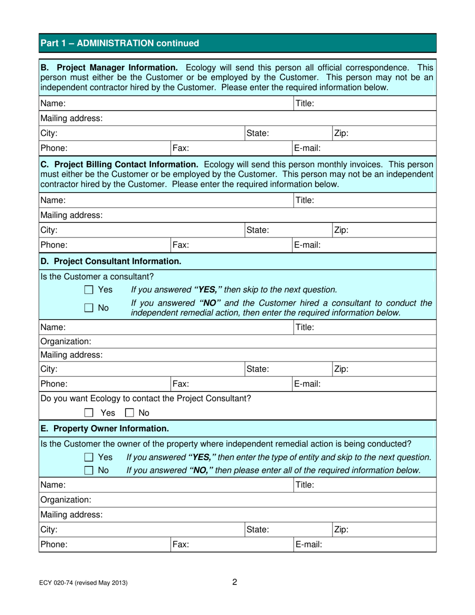 Form ECY020-74 Voluntary Cleanup Program Application Form - Washington, Page 2