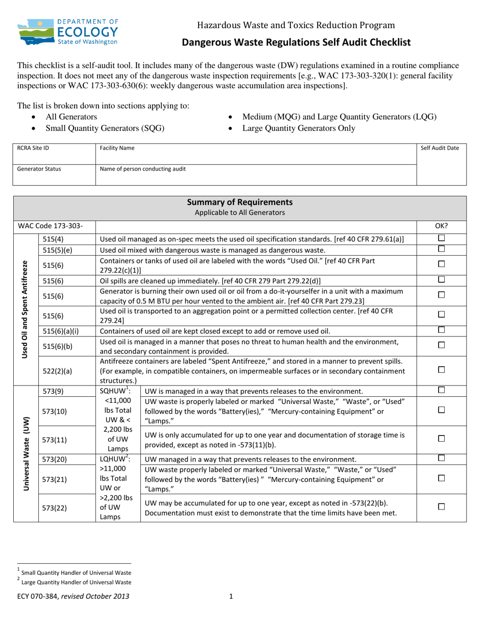 Form ECY070-384 Dangerous Waste Regulations Self-audit Checklist - Washington, Page 1