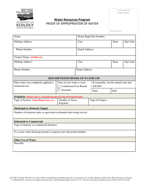 Form ECY040-1-26 Proof of Appropriation of Water - Washington