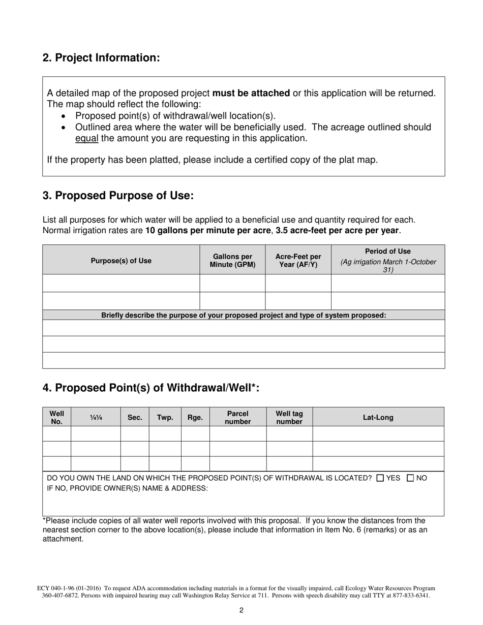Form ECY040-1-96 Application for Permit to Use Artificially Stored Gw - Quincy Subarea - Washington, Page 2