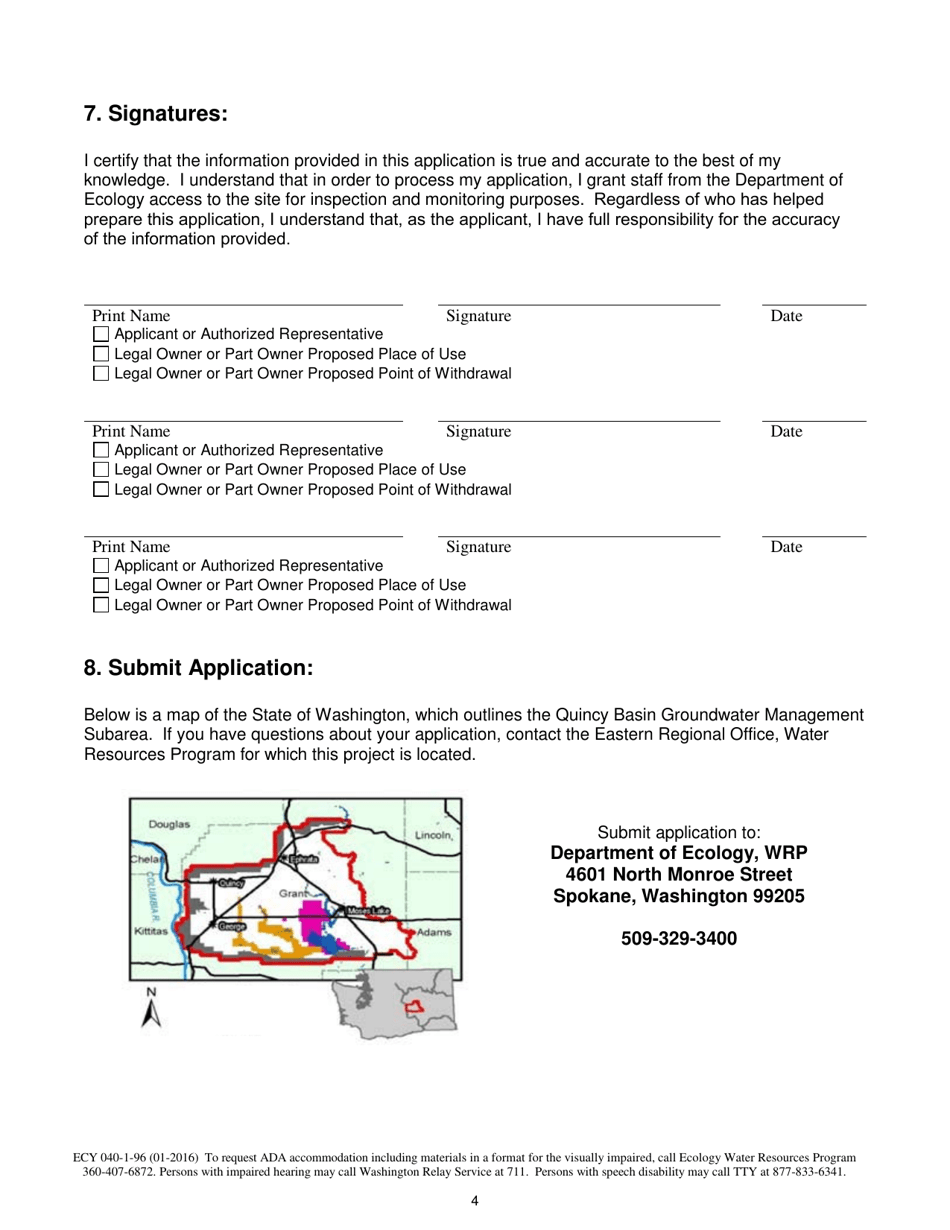 Form ECY040-1-96 Application for Permit to Use Artificially Stored Gw - Quincy Subarea - Washington, Page 4