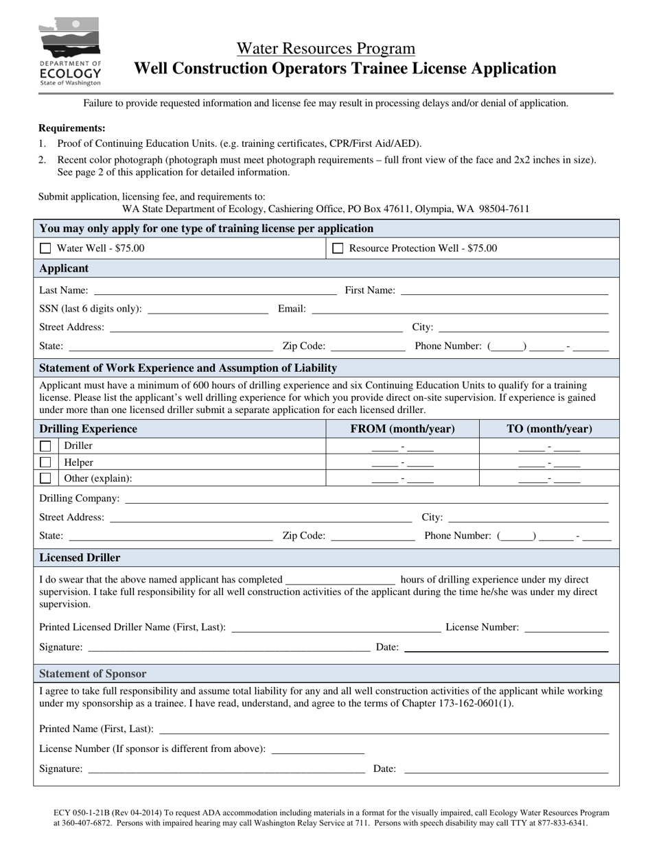 Form ECY050-1-21B Application for Well Construction Operator Training License - Resource Protection or Water Well - Washington, Page 1