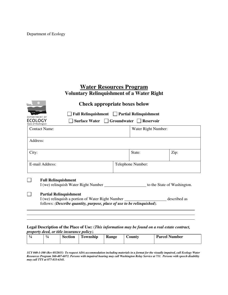 Form ECY040-1-100 Voluntary Relinquishment of Water Right Certificate - Washington, Page 1