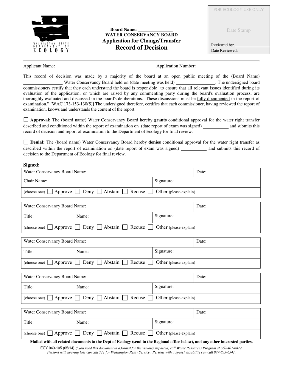 Form ECY040-105 Water Conservancy Board Application for Change / Transfer Record of Decision - Washington, Page 1