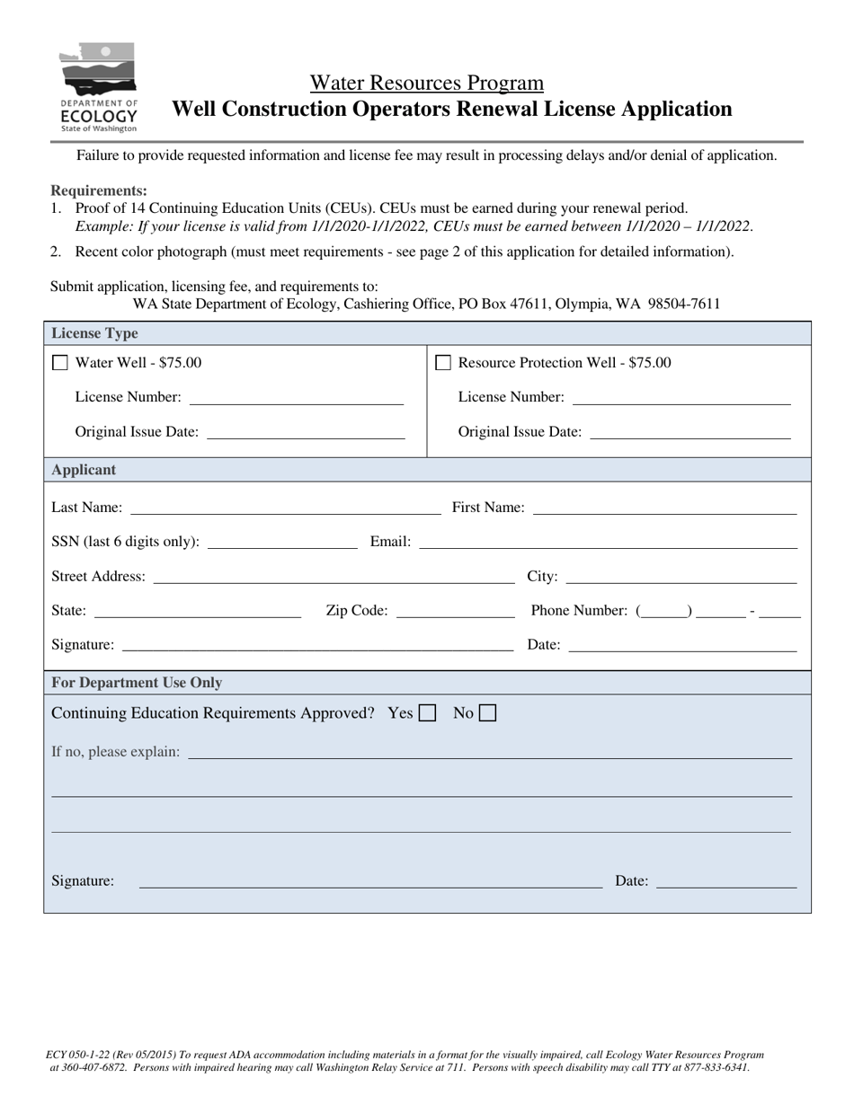 Form ECY050-1-22 Well Construction Operators Renewal License Application - Washington, Page 1