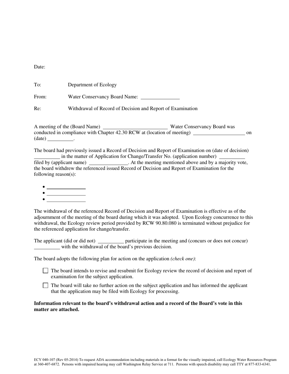 Form ECY040-107 Application for Change / Transfer Decision to Withdraw a Record of Decision and Report of Exam - Washington, Page 1