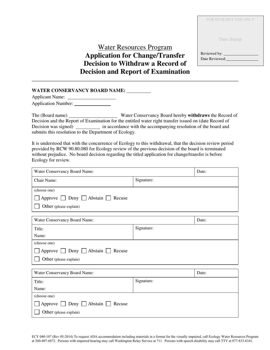 Form ECY040-107 Application for Change / Transfer Decision to Withdraw a Record of Decision and Report of Exam - Washington, Page 2