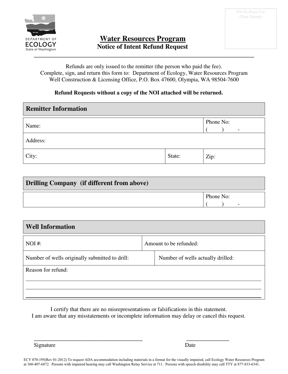 Form ECY070-195 Notice of Intent Refund Request - Washington, Page 1