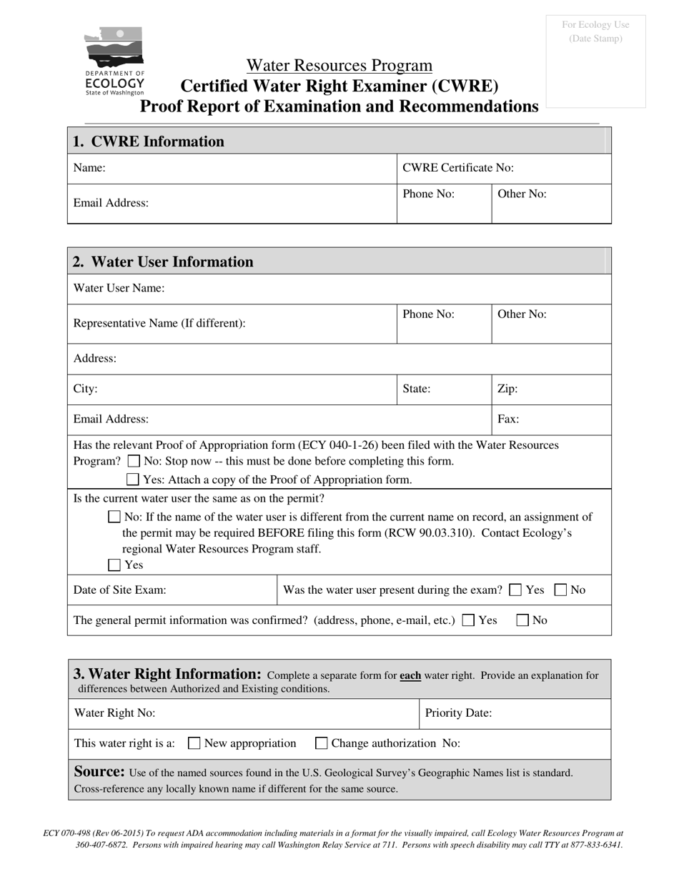 Form ECY070-498 Proof Report of Examination and Recommendation Summary by a Certified Water Right Examiner - Washington, Page 1
