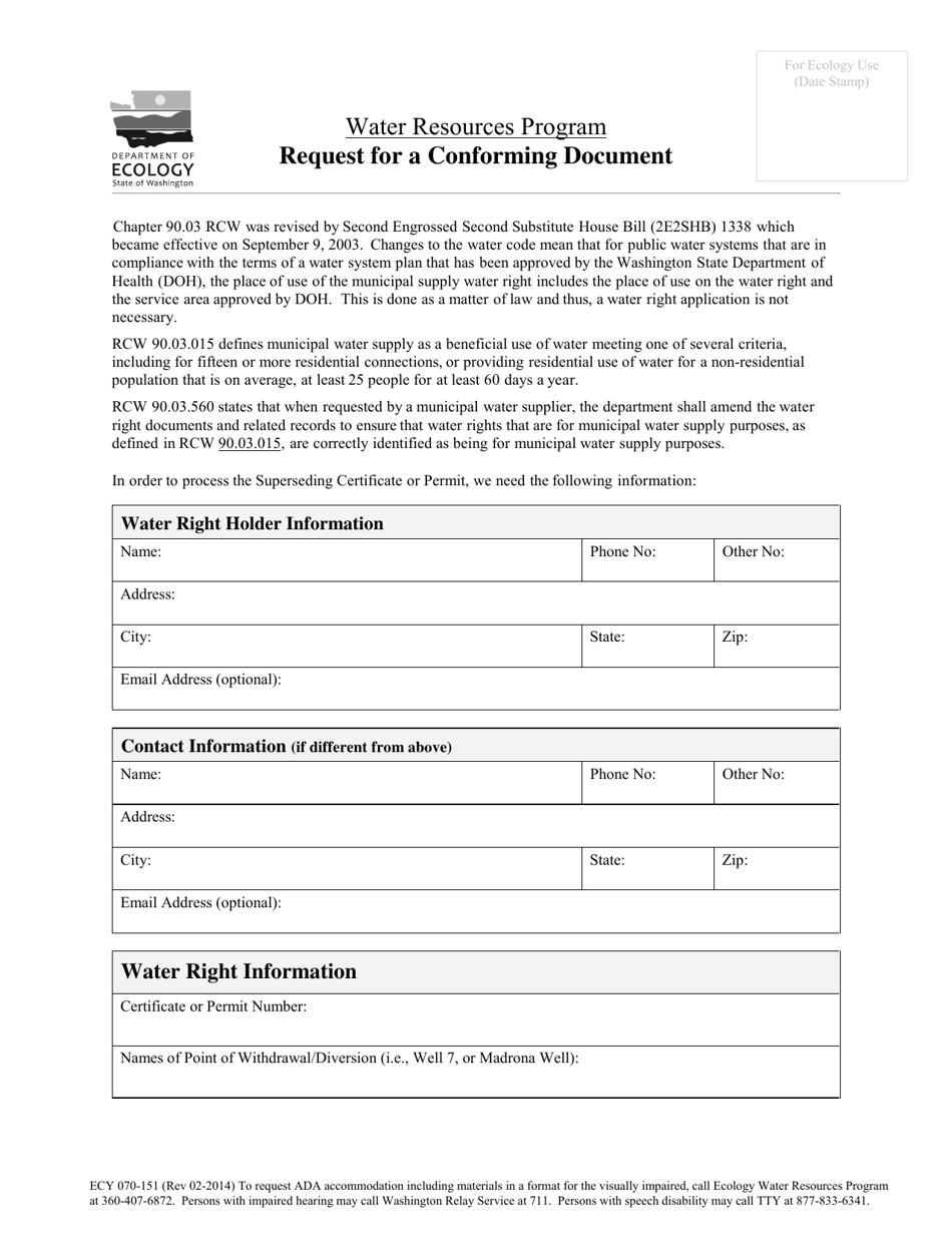 Form ECY070-151 Request for a Conforming Document - Washington, Page 1