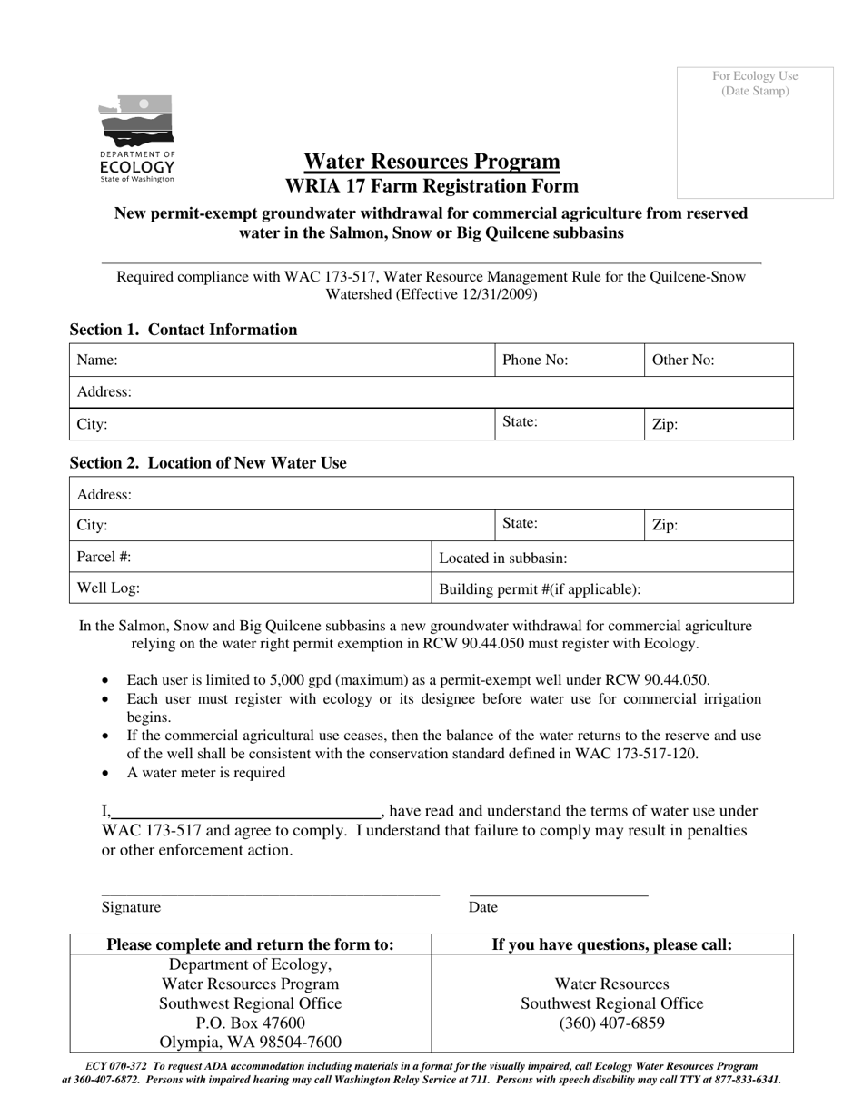 Form ECY070-372 Wria 17 Farm Registration Form - Washington, Page 1