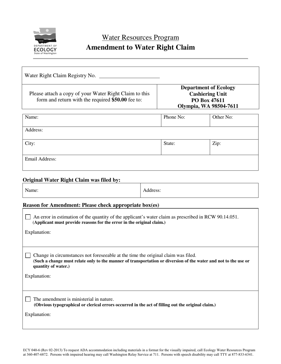 Form ECY040-6 Amendment to Water Right Claim - Washington, Page 1
