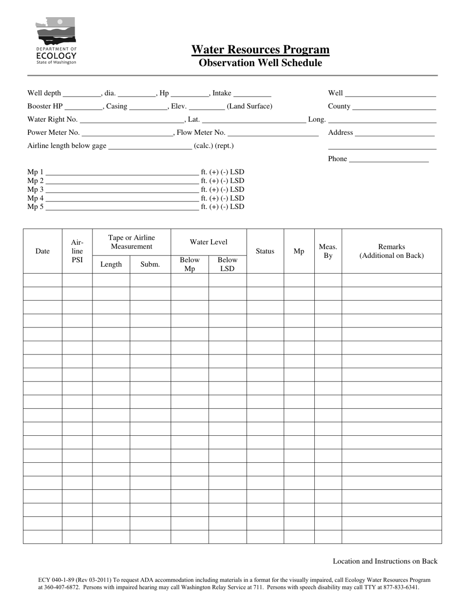 Form ECY040-1-89 Observation Well Schedule - Washington, Page 1