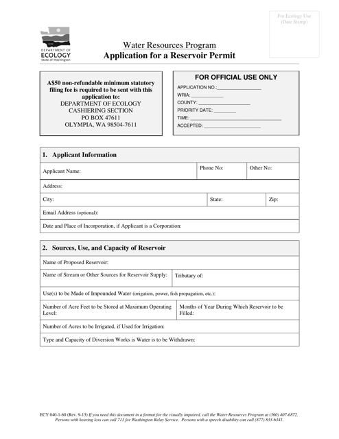 Form ECY040-1-60 Application for Reservoir Permit - Washington