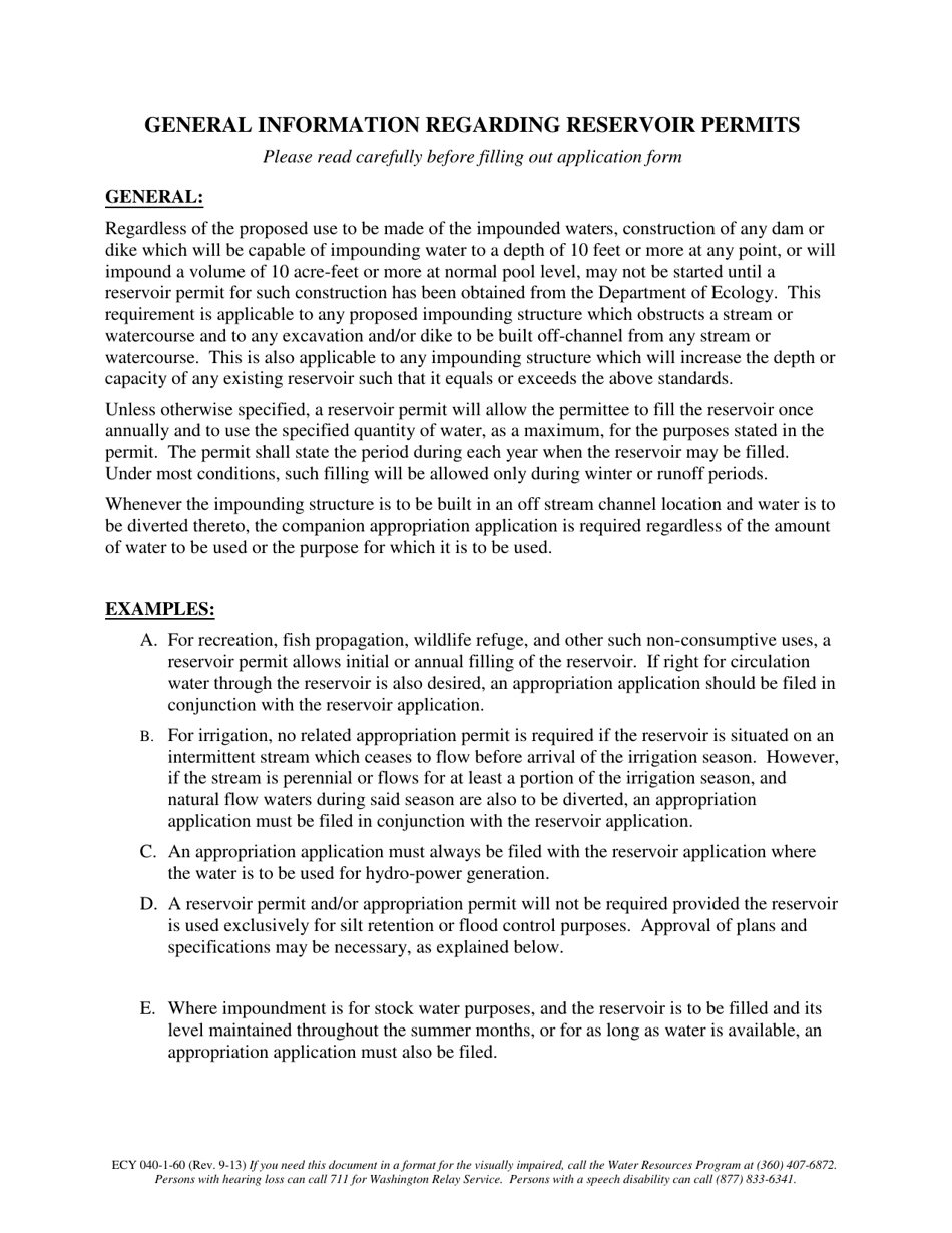 Form ECY040-1-60 Application for Reservoir Permit - Washington, Page 4