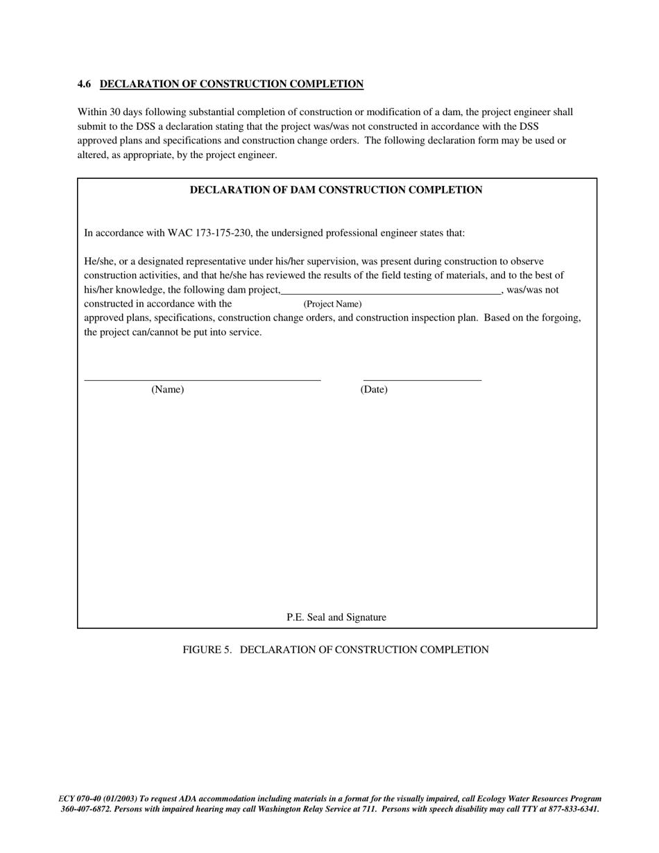 Form ECY070-40 Dam Safety - Declaration of Dam Construction Completion - Washington, Page 1