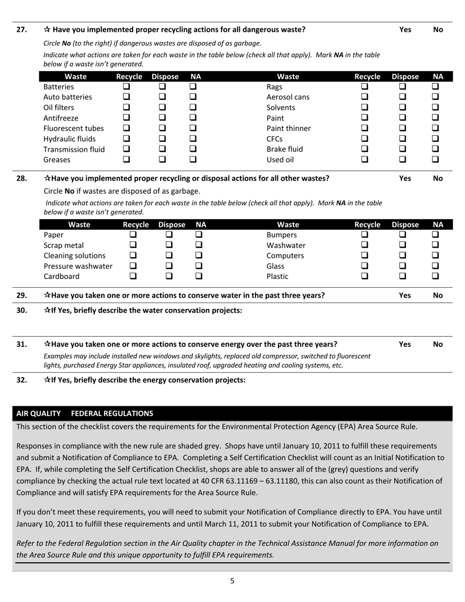 Auto Body Industry Self-certification Checklist - Washington, Page 5