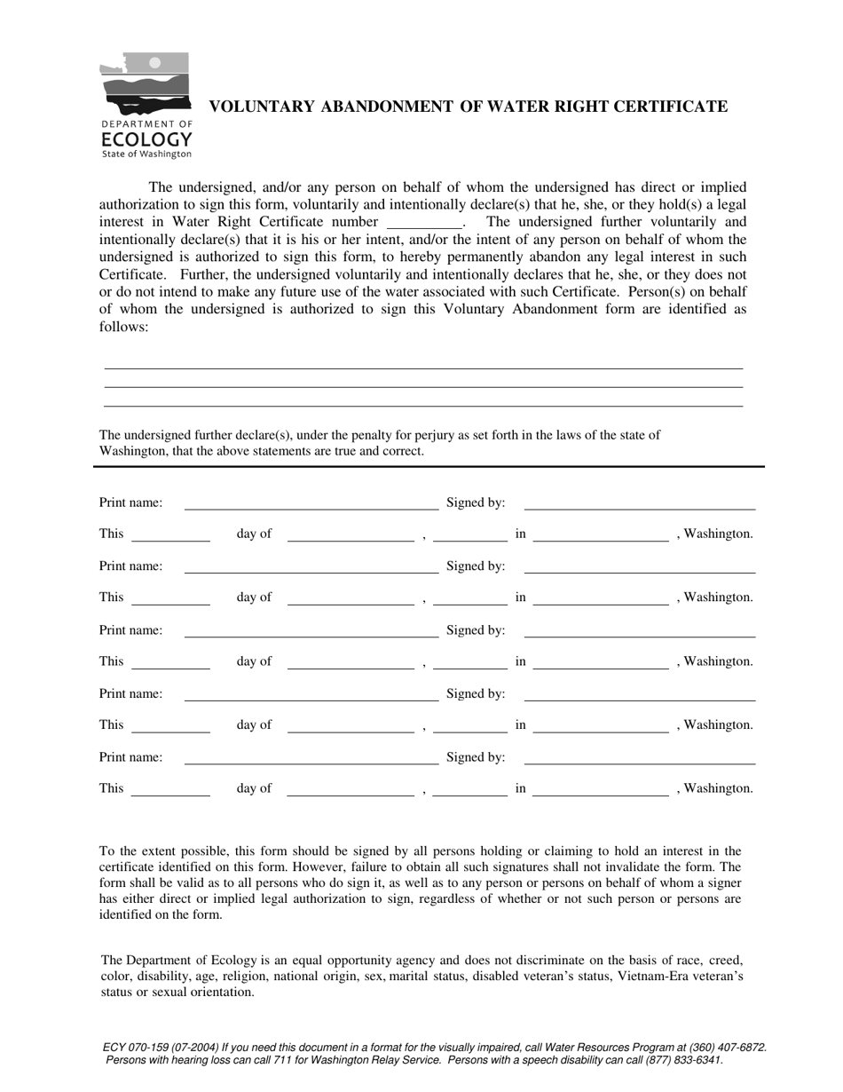 Form ECY070-159 Voluntary Abandonment of Water Right Certificate - Washington, Page 1