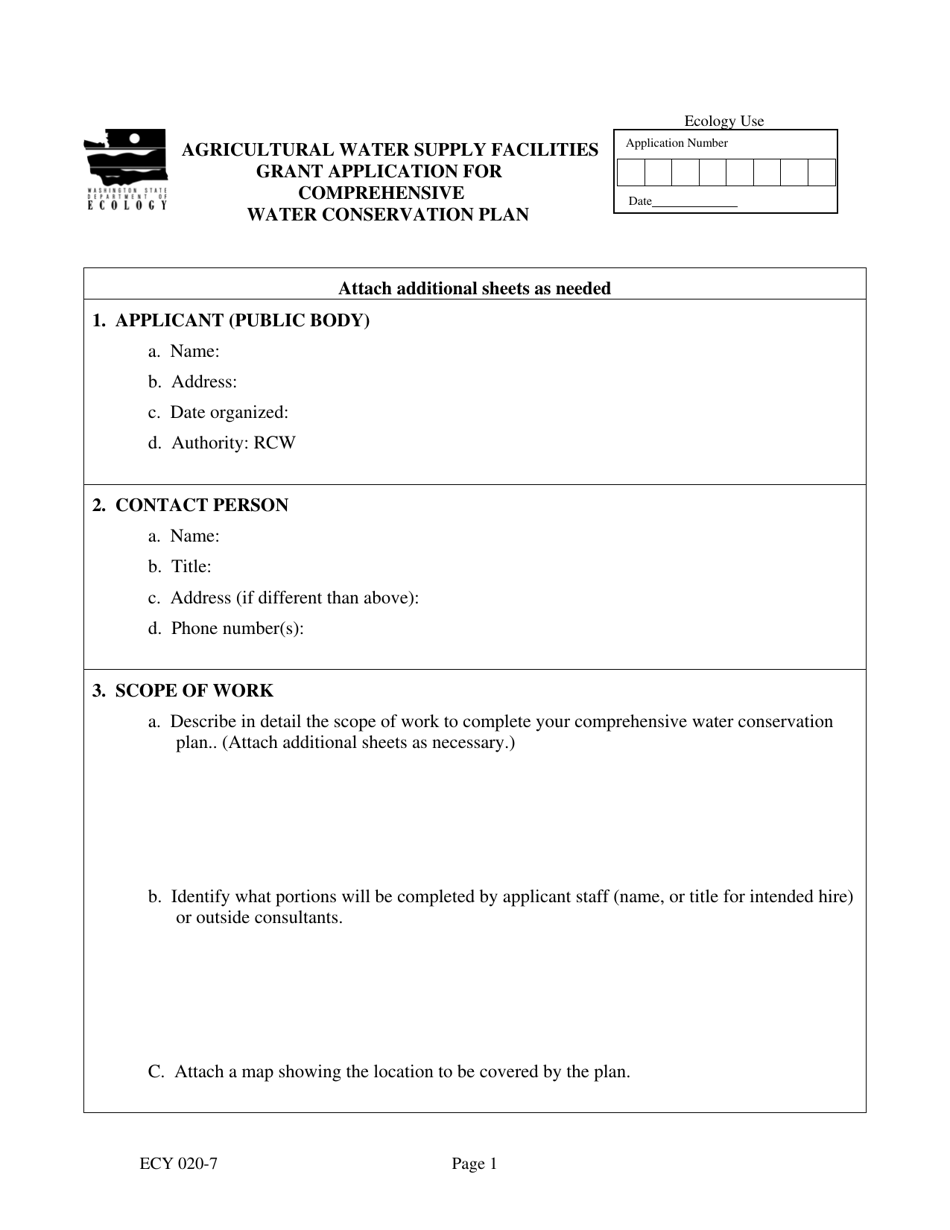 Form ECY020-7 Agricultural Water Supply Facilities Grant Application for Comprehensive Water Conservation Plan - Washington, Page 1