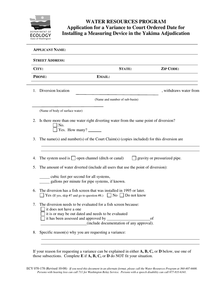 Form ECY070-178 Application for a Variance to Court Ordered Date for Installing a Measuring Device in the Yakima Adjudication - Washington, Page 1