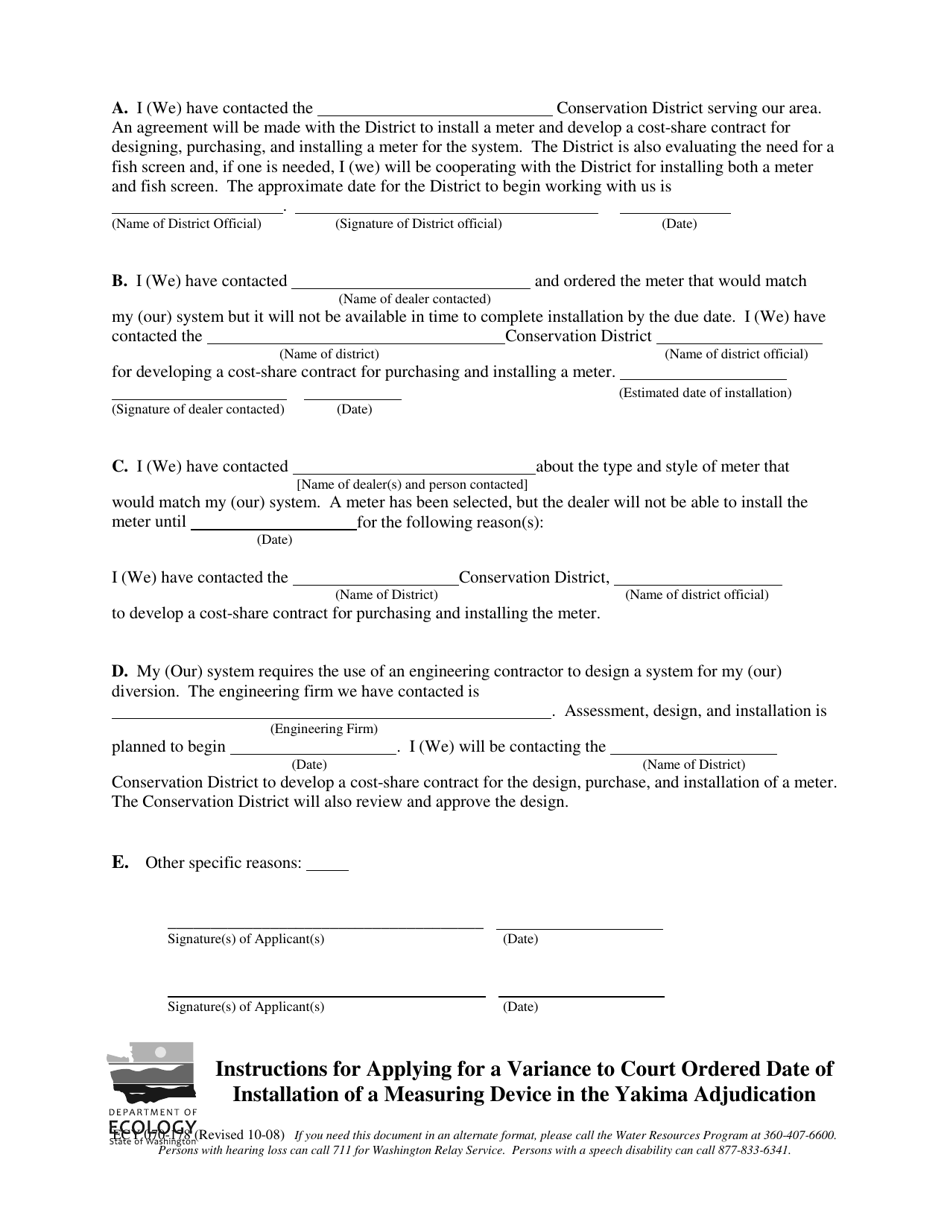Form ECY070-178 Application for a Variance to Court Ordered Date for Installing a Measuring Device in the Yakima Adjudication - Washington, Page 2
