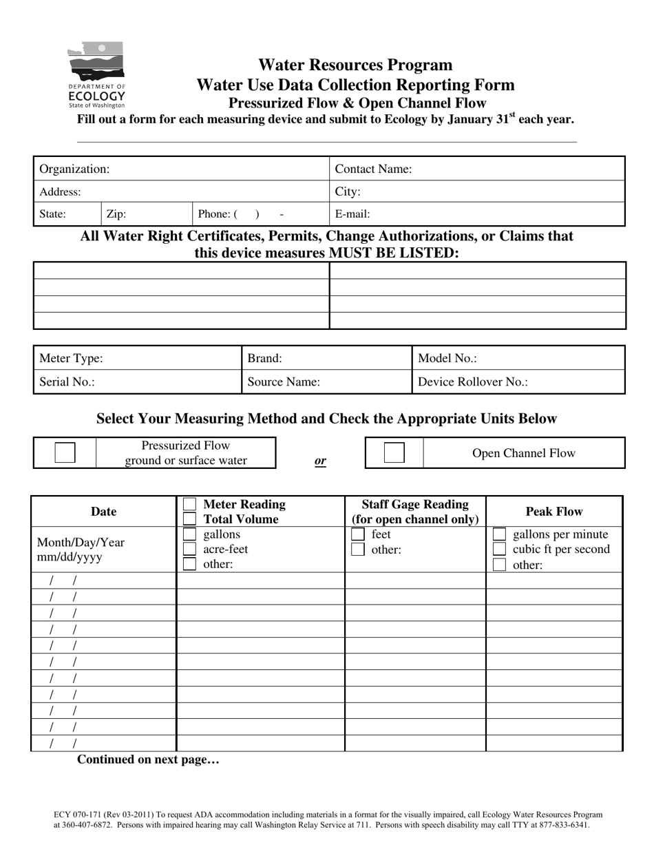 Form ECY070-171 Water Use Data Collection Reporting Form - Washington, Page 1