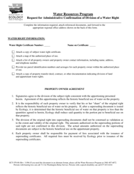 Document preview: Form ECY070-88 Request for Administrative Confirmation of Division of a Water Right - Washington