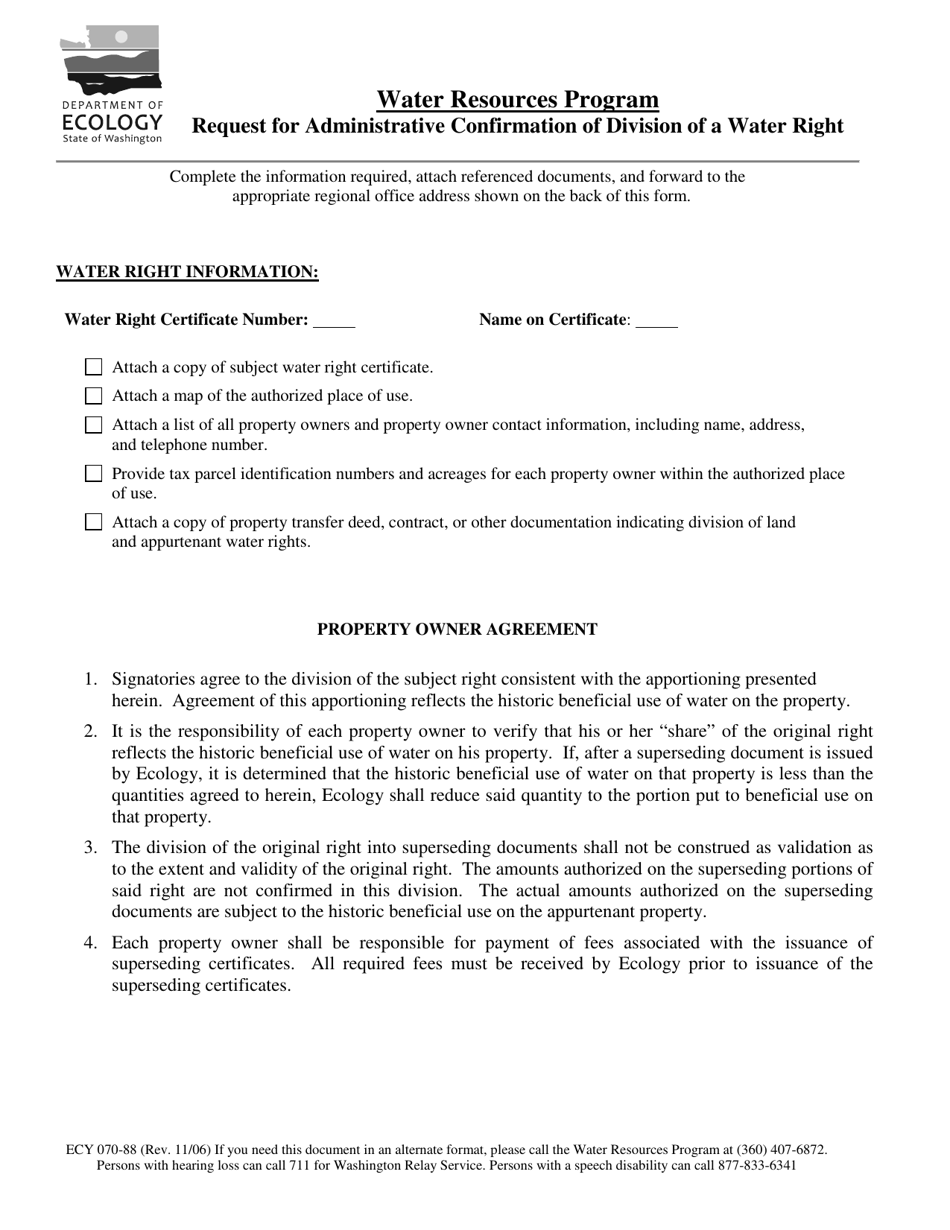 Form ECY070-88 Request for Administrative Confirmation of Division of a Water Right - Washington, Page 1