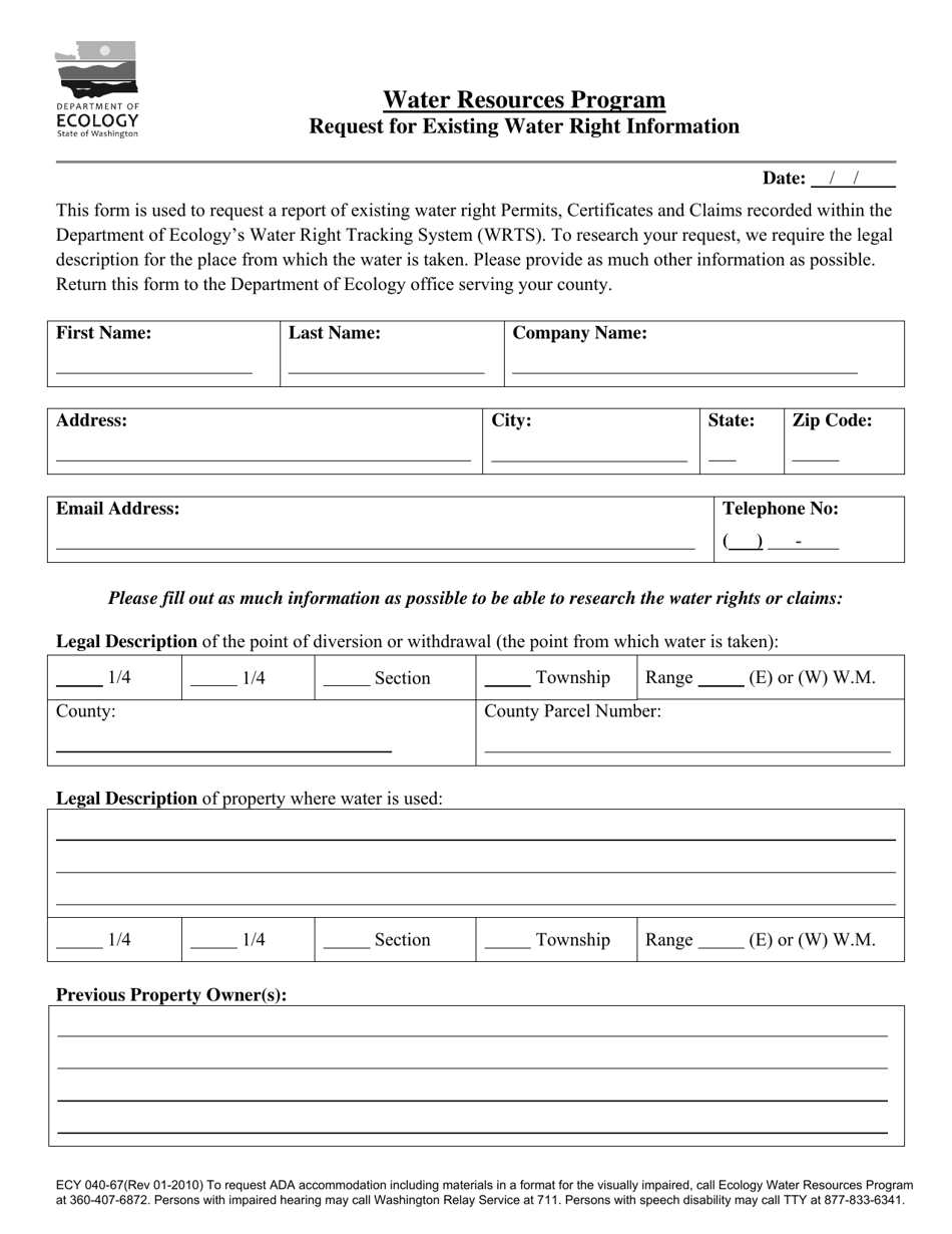 Form ECY040-67 Request for Existing Water Right Information - Washington, Page 1