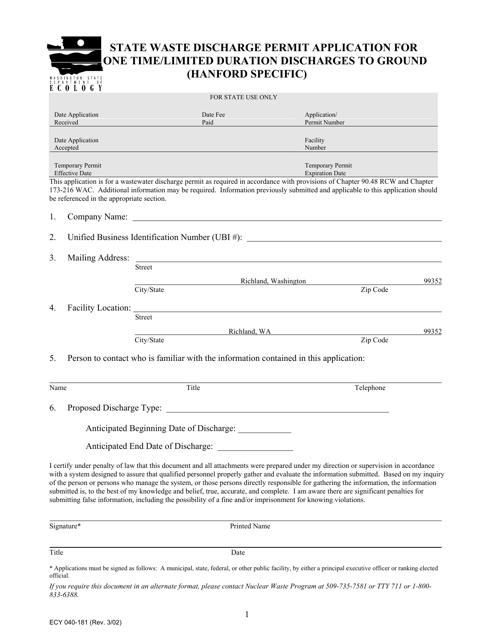 Form ECY040-181 State Waste Discharge Permit Application for One Time/Limited Duration Discharges to Ground (Hanford Specific) - Washington
