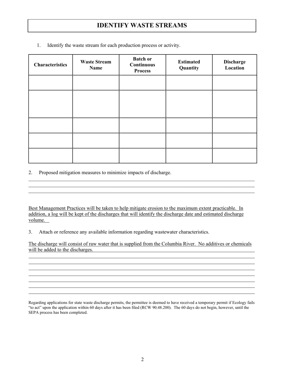 Form ECY040-181 State Waste Discharge Permit Application for One Time / Limited Duration Discharges to Ground (Hanford Specific) - Washington, Page 2