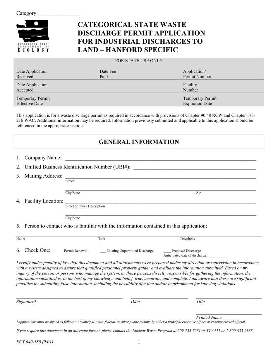 Form ECY040-180 Categorical State Waste Discharge Permit Application for Industrial Discharges to Land - Hanford Specific - Washington, Page 1