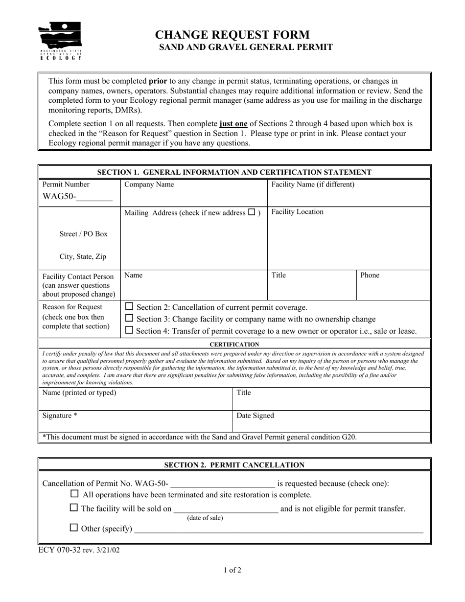 Form ECY070-32 Sand and Gravel General Permit - Change Request Form - Washington, Page 1