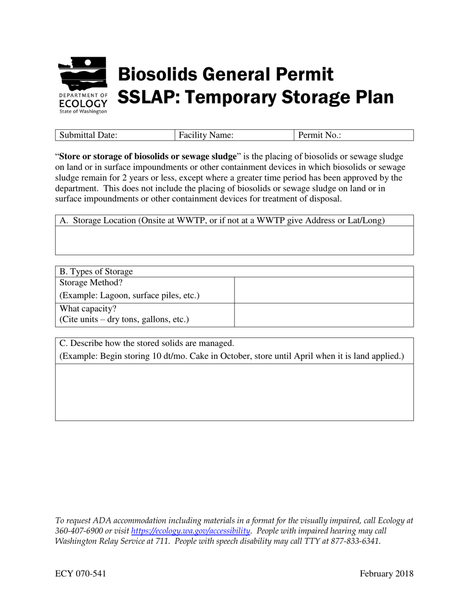 Form ECY070-541 Biosolids General Permit Sslap: Temporary Storage Plan - Washington, Page 1