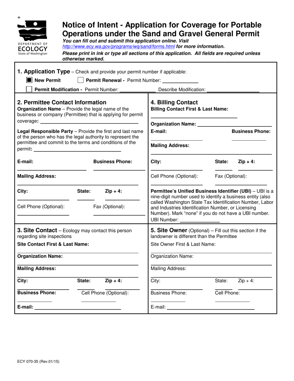 Form ECY070-35 Sand and Gravel General Permit - Application for Coverage for Portable Operations - Washington, Page 1