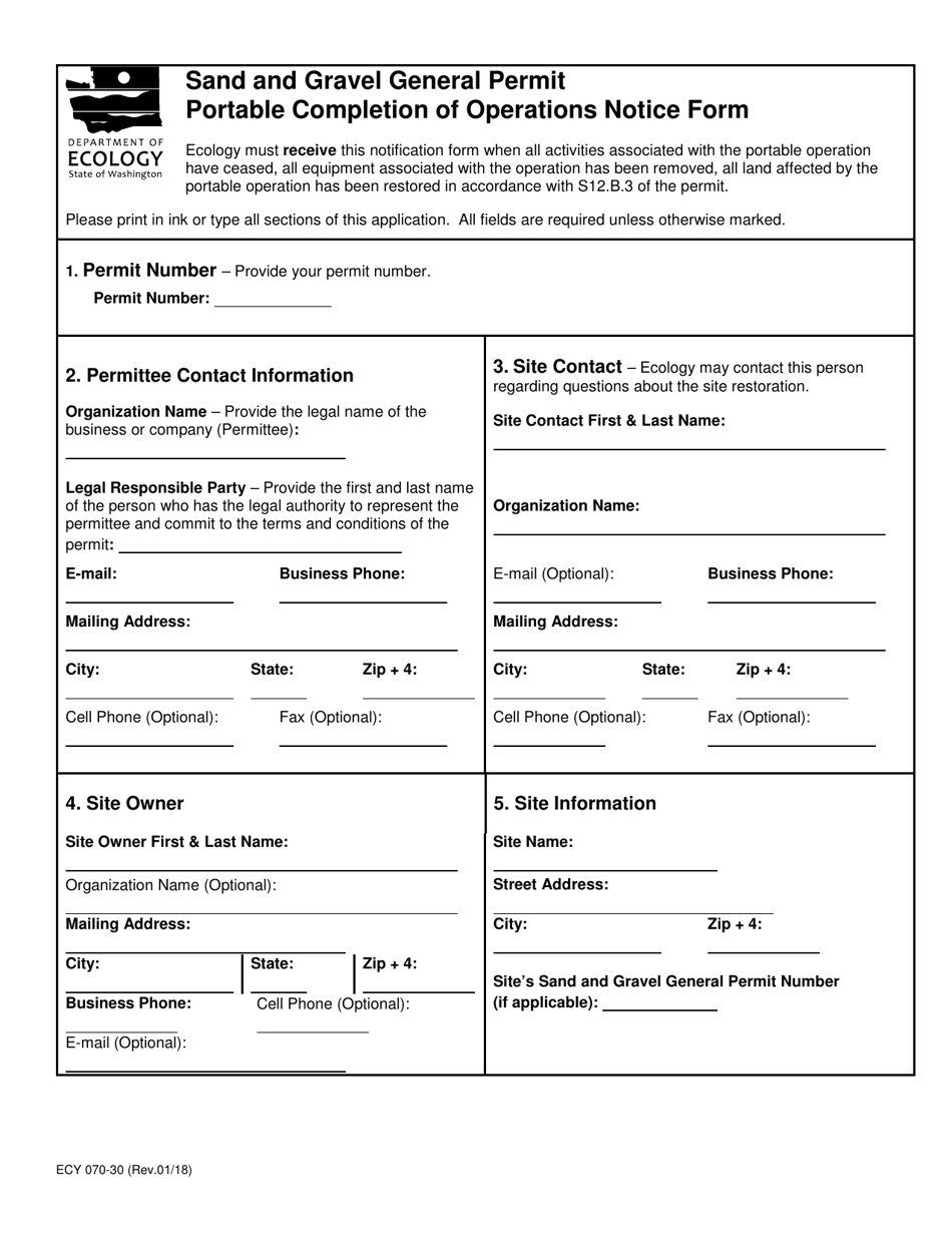 Form ECY070-30 Sand and Gravel Permit Portable Completion of Operations Notice Form - Washington, Page 1