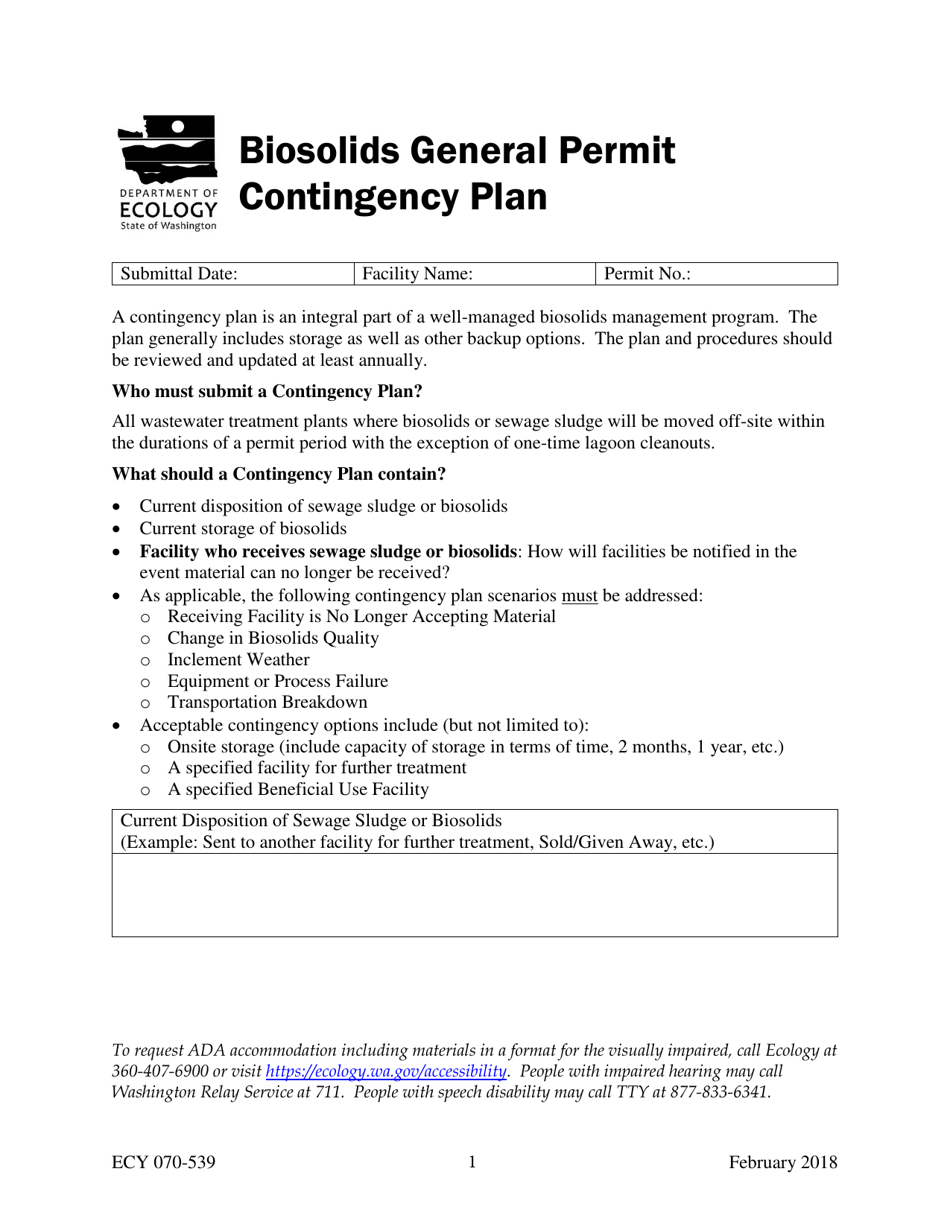 Form ECY070-539 Biosolids General Permit Contingency Plan - Washington, Page 1