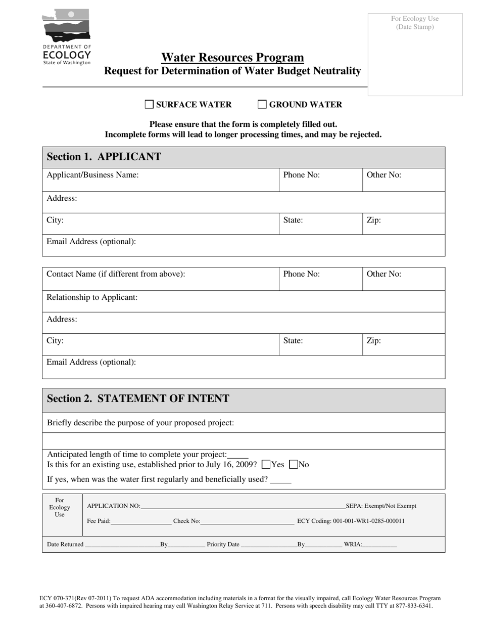 Form ECY070-371 Request for Determination of Water Budget Neutrality - Water Resources Program - Washington, Page 1